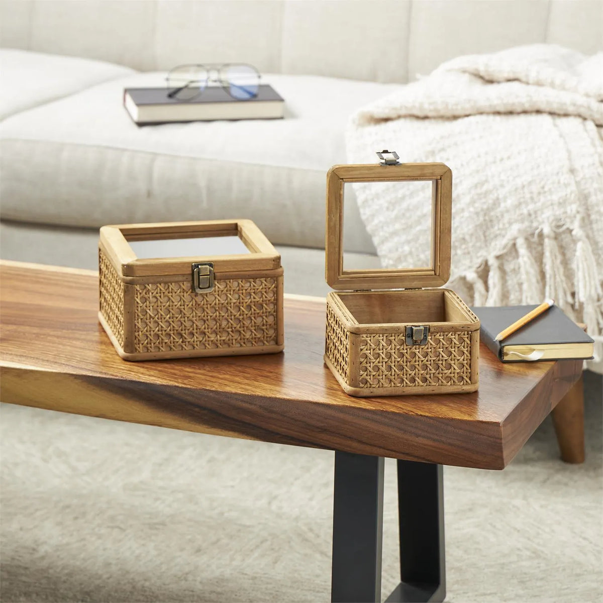 Brown Rattan Handmade Woven Box with Latches Set of 3