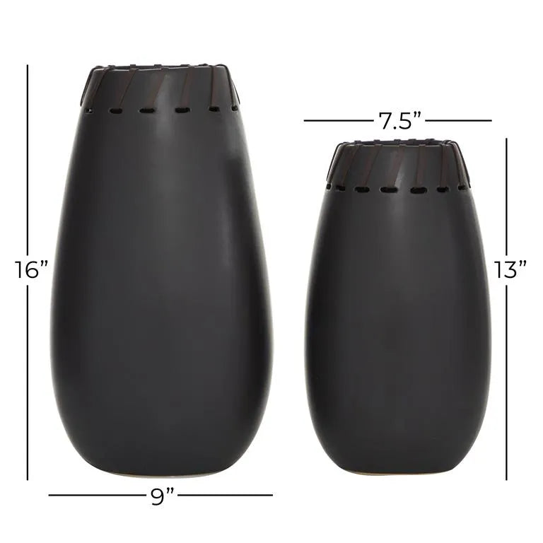 Black Ceramic Vase with Cut Out Patterns Set of 2