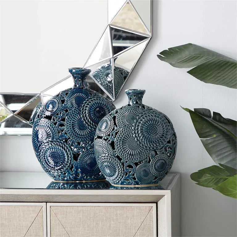 Blue Ceramic Floral Vase with Cut Out Patterns Set of 2
