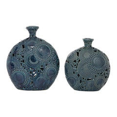 Blue Ceramic Floral Vase with Cut Out Patterns Set of 2