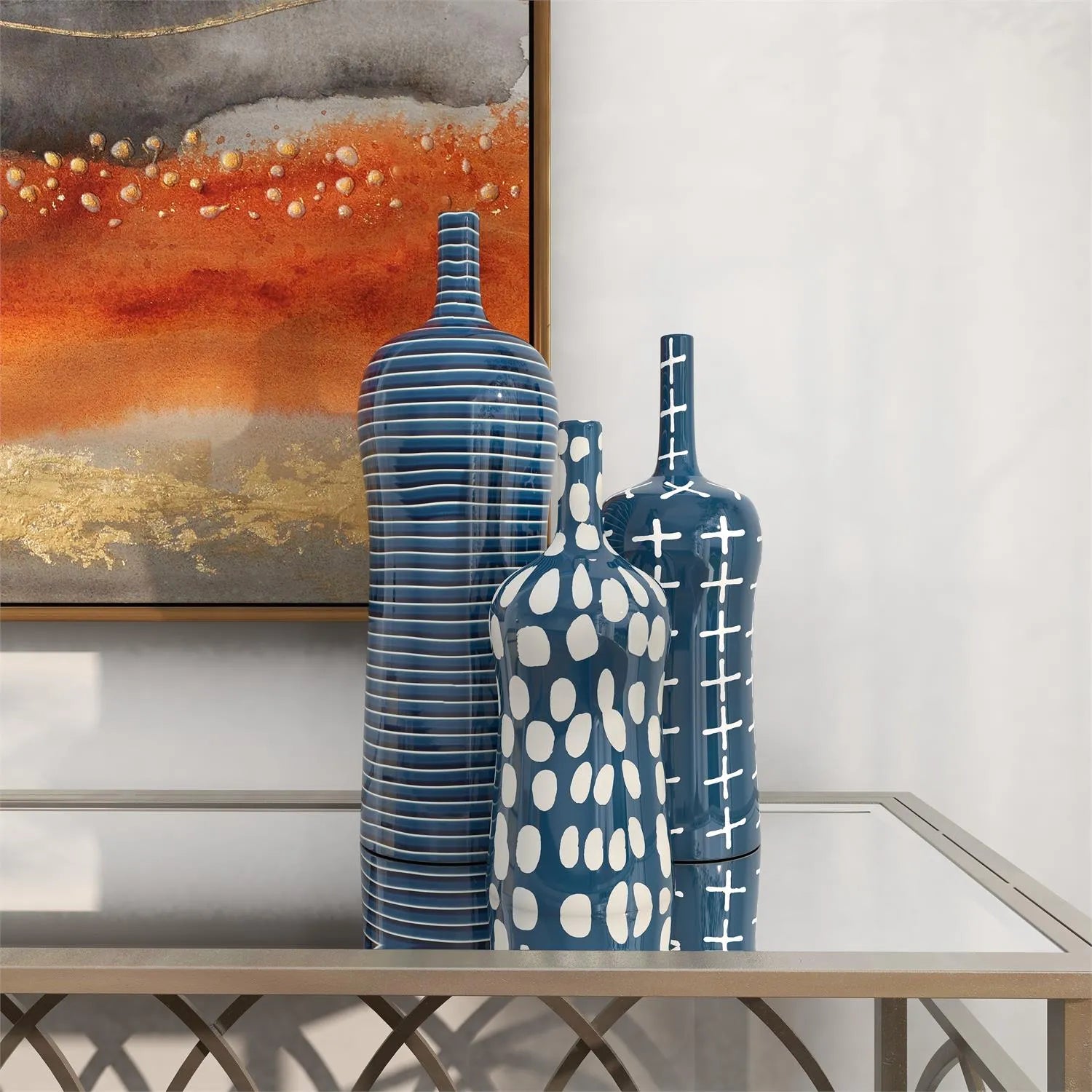 Blue Ceramic Vase with Varying Patterns Set of 3