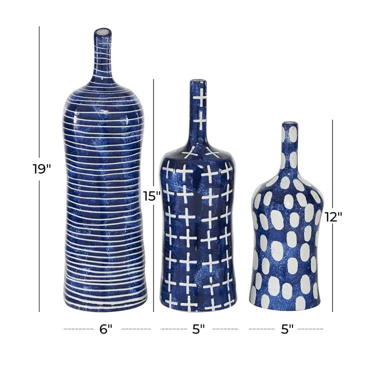 Blue Ceramic Vase with Varying Patterns Set of 3