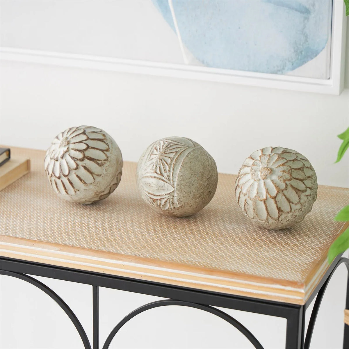 Beige Paper Mache Handmade Decorative Ball Orbs & Vase Filler Set of 3