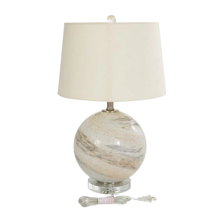 Beige Glass Round Accent Lamp with Marble Inspired 14" x 14" x 23"