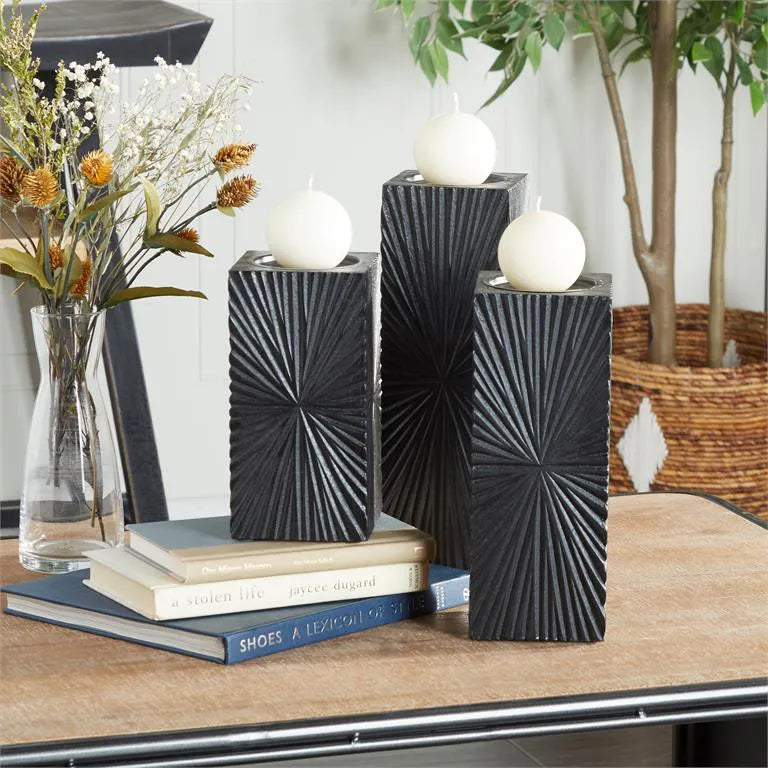 Geometric Black Wooden Pillar Candle Holder Set - CosmoLiving Set of 3