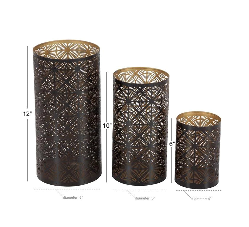 Dark Brown Metal Geometric Candle Lanterns - Set of 3