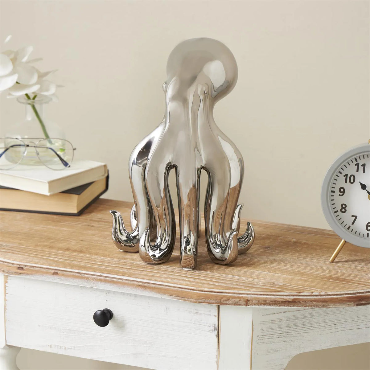 Silver Octopus Ceramic Sculpture with Metallic Finish