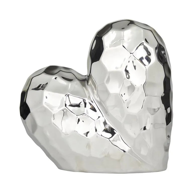 Dimensional Origami-Inspired Silver Porcelain Heart Sculpture 12x6x11